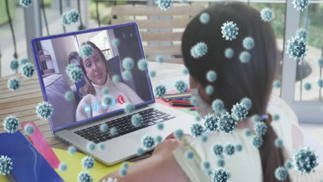 animation of covid 19 cells floating over girl using laptop on video call