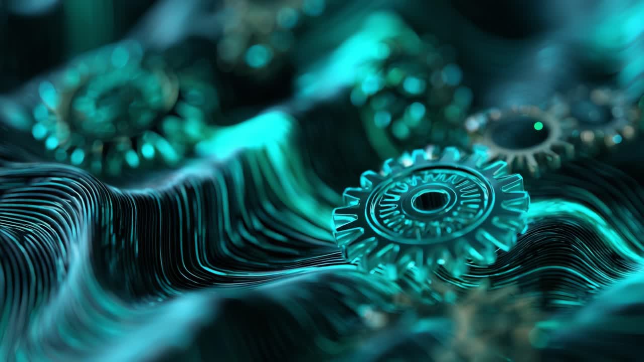 Moving abstract composition featuring multiple glowing cyan gears and cogs floating and rotating over a dark, undulating surface made of luminous hair like strands in a seamless loop