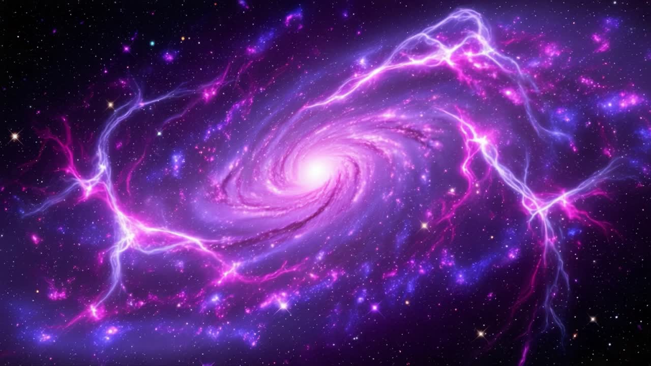 An Ethereal Display of Cosmic Energy: A Beautiful Spiral Galaxy Surrounded by Vibrant Colors and Electric Currents in the Depths of Outer Space
