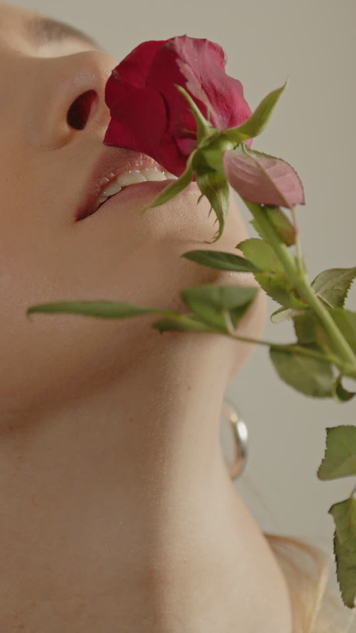 Bellissimo primo piano verticale di una rosa rossa che accarezza sensualmente il viso di una donna attraente al rallentatore