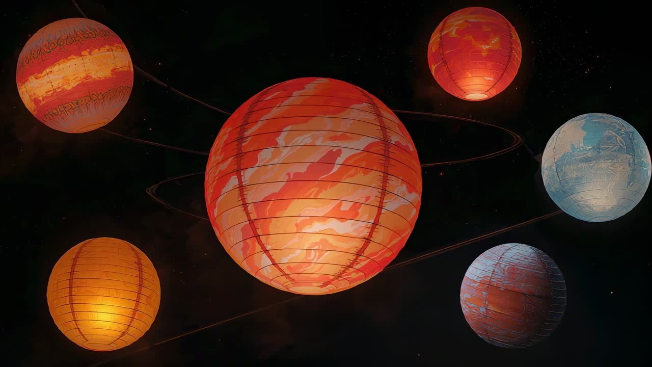 Pulsing large orange striped central lantern glowing on timed lights for gallery with orbiting orbs