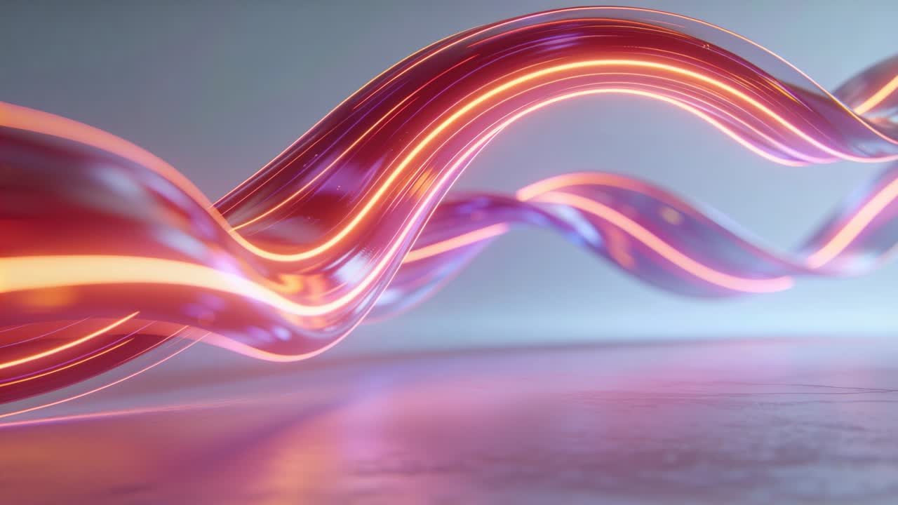 Un nastro che entra da sinistra e ondeggia su uno specchio con un nastro secondario, creando riflessi di luce.