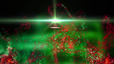 Animation-of-green-and-red-particles-moving-with-green-light-on-black-background