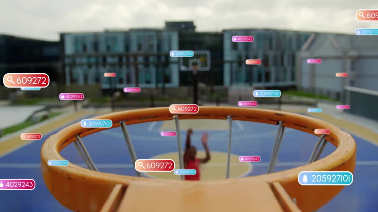 Shooting basketball, player with colorful animation data tags around hoop