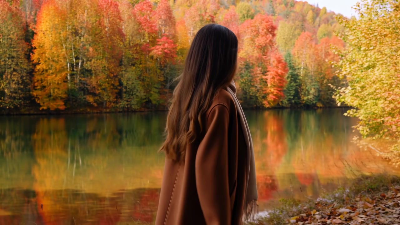 Long-haired woman moves steadily along lakeside path as orange, red, and yellow foliage fills opposite bank, mirrored on smooth water while fallen leaves cover foreground.