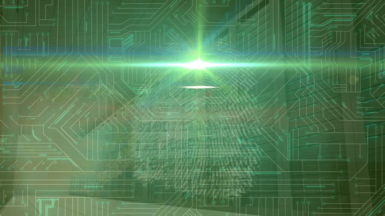 Animation of light trails and computer circuit board with data processing over server room