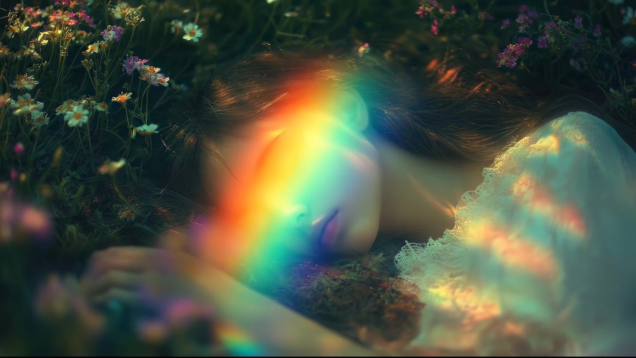 Giovane donna sognante che dorme serenamente in un campo di fiori con luce arcobaleno