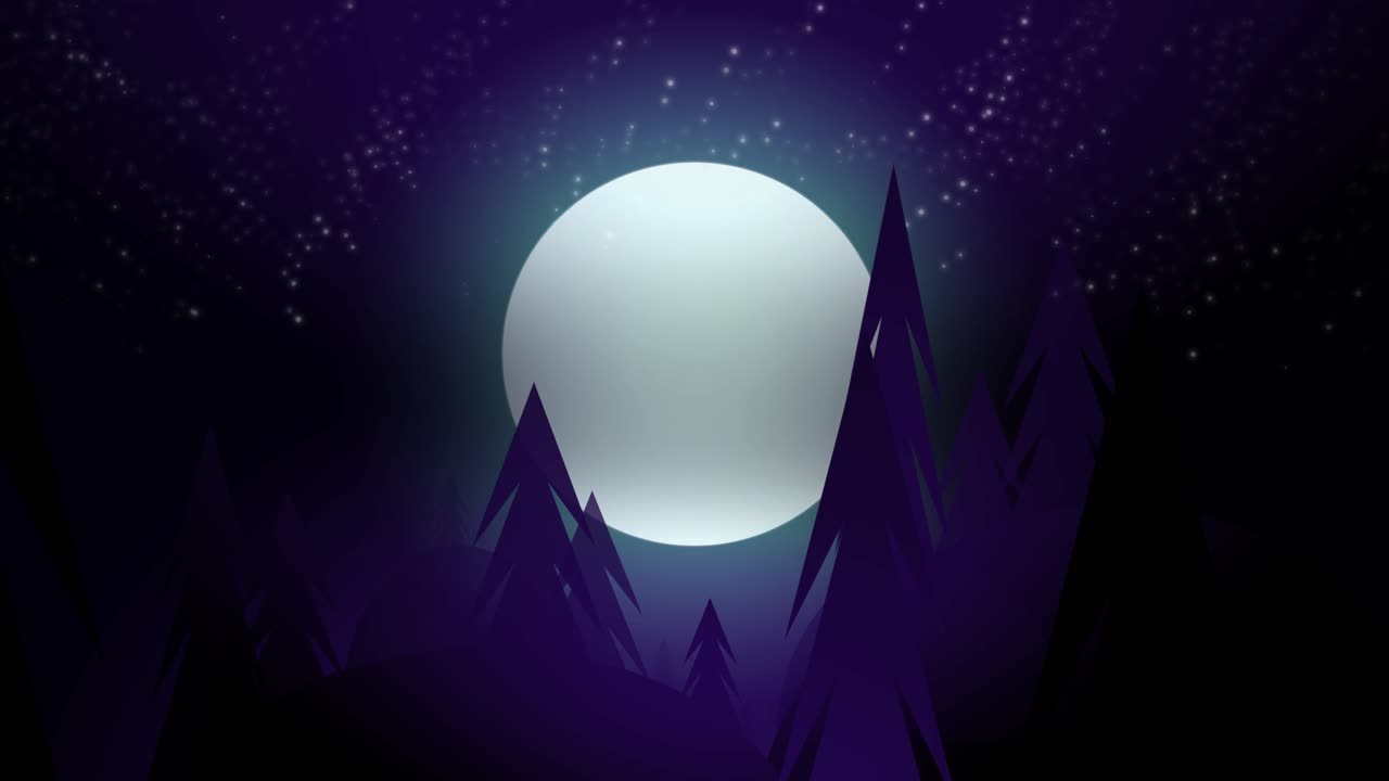 Dolly shot of moonlit forest. Vector graphic animation.