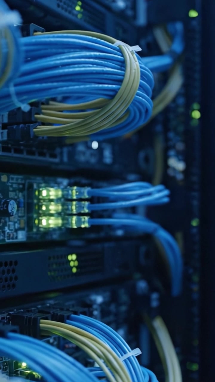 Una vista ravvicinata di cavi di rete e connessioni server in un data center, che mostra la complessità e l'organizzazione della moderna infrastruttura digitale.