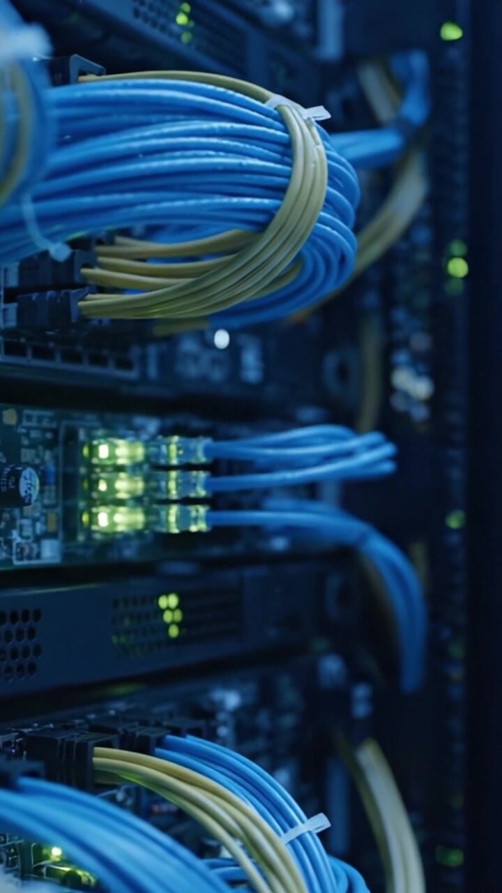 Una vista ravvicinata di cavi di rete e connessioni server in un data center, che mostra la complessità e l'organizzazione della moderna infrastruttura digitale.