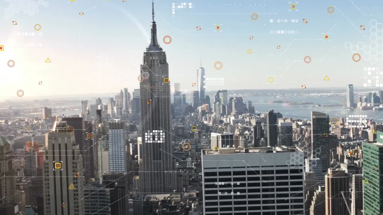 도시 풍경 위의 데이터 처리 애니메이션