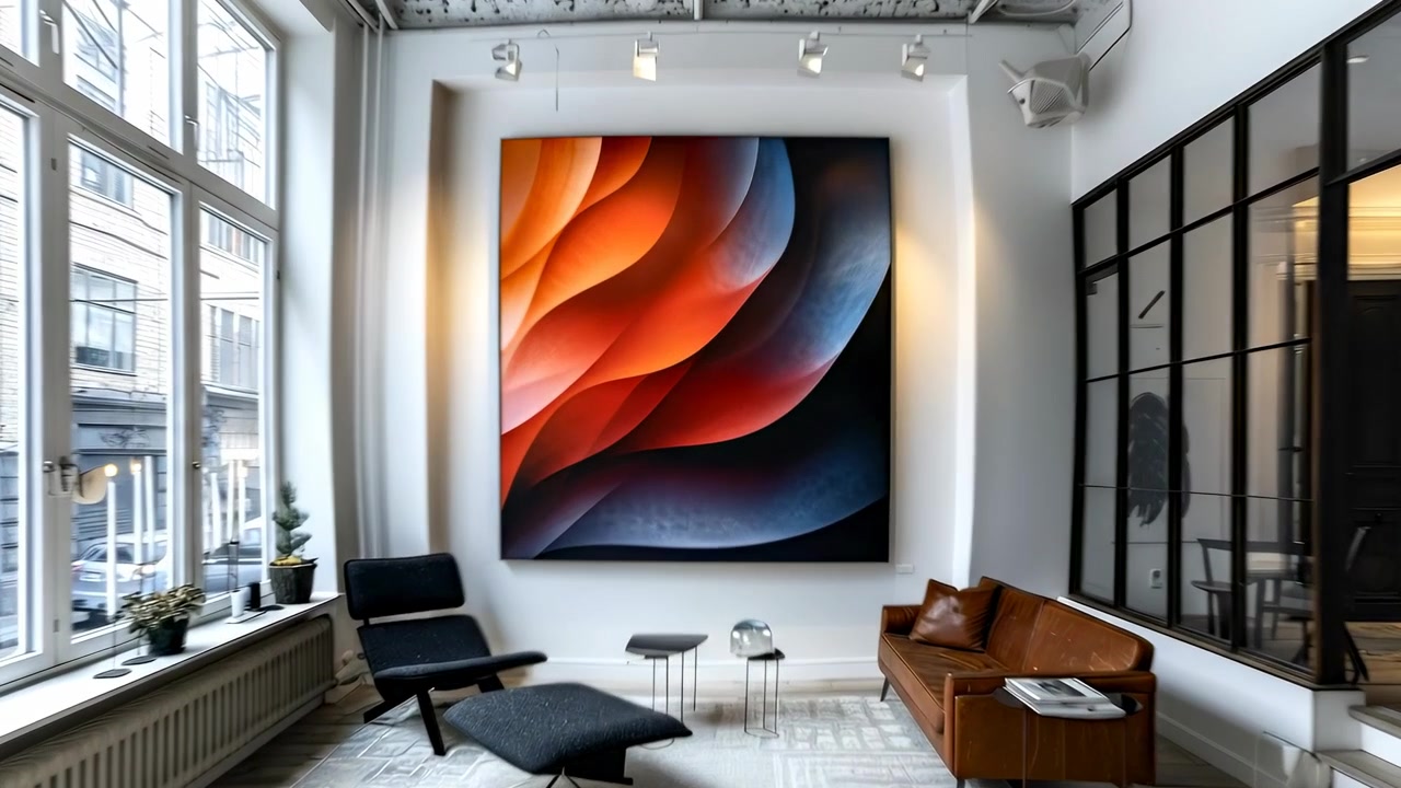 Interni di soggiorno moderno con grande dipinto murale astratto. Interni di una spaziosa stanza contemporanea con un enorme dipinto astratto con onde arancioni e blu sopra un divano marrone.
