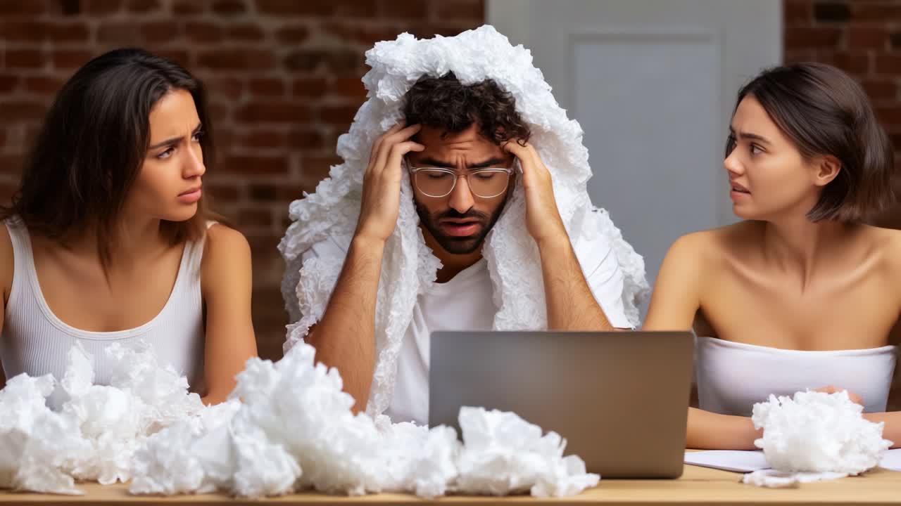 Frustration and Stress in a Creative Workspace: A Young Man Surrounded by Two Women Experiences Overwhelm While Working on a Laptop Amidst a Messy Setup