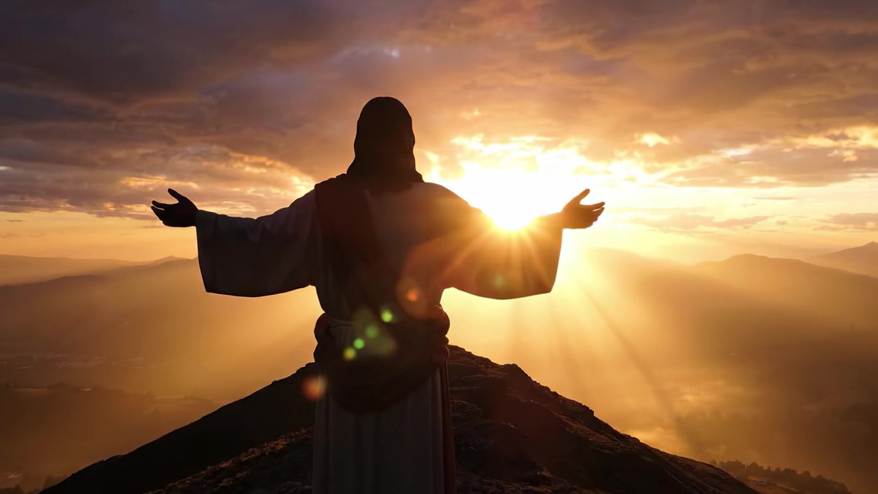 Una silueta majestuosa contra un amanecer radiante: Un momento inspirador que captura esperanza y renovación en el abrazo de la naturaleza con una figura espiritual contra un fondo glorioso