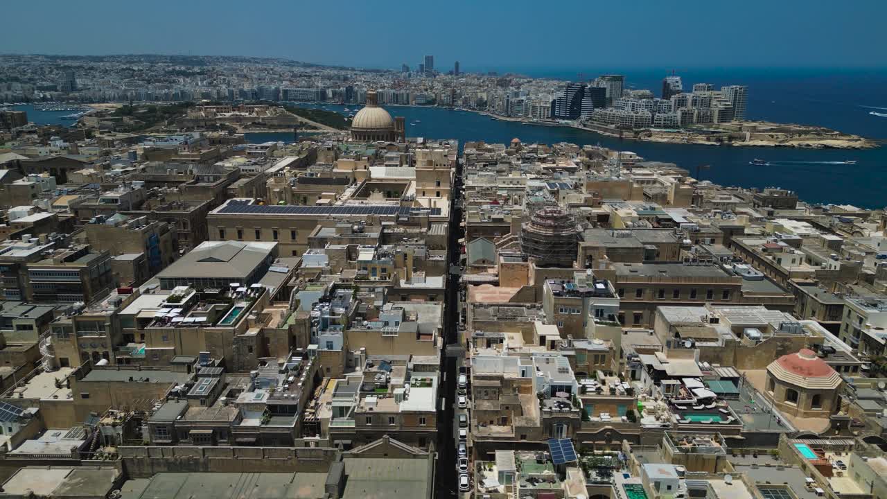 Ascending aerial view of Malta's capital city, Valletta