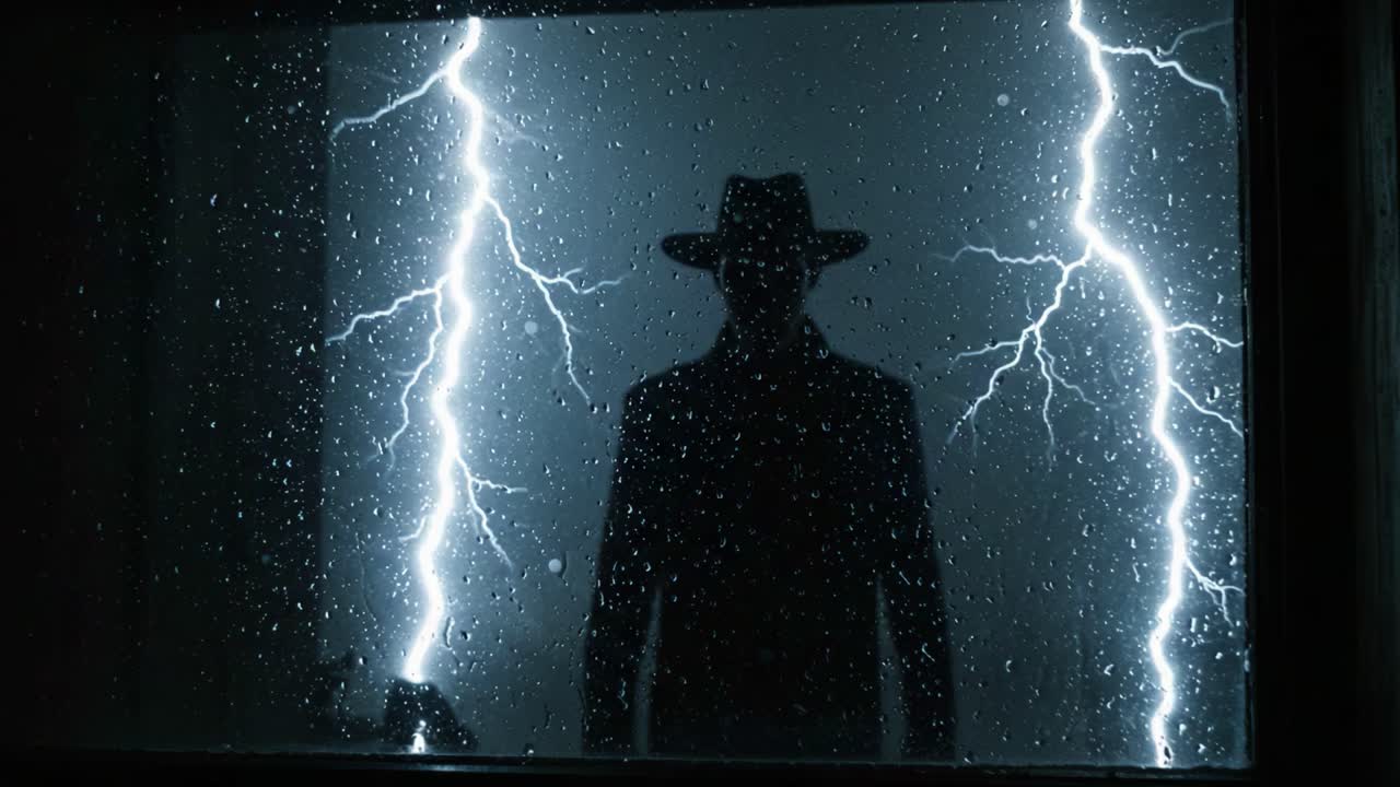A Mysterious Figure Stands Behind a Rain-Drenched Window, Silhouetted by Intense Lightning Strikes, Creating an Eerie and Atmospheric Scene of Anticipation