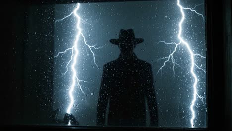 a mysterious figure stands behind a rain-drenched window, silhouetted by intense lightning strikes, creating an eerie and atmospheric scene of anticipation