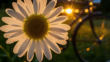 a beautiful daisies against a bicycle background: capturing the serenity of nature at sunset, the brightness of flowers and the glimmer of light creates a stunning scene
