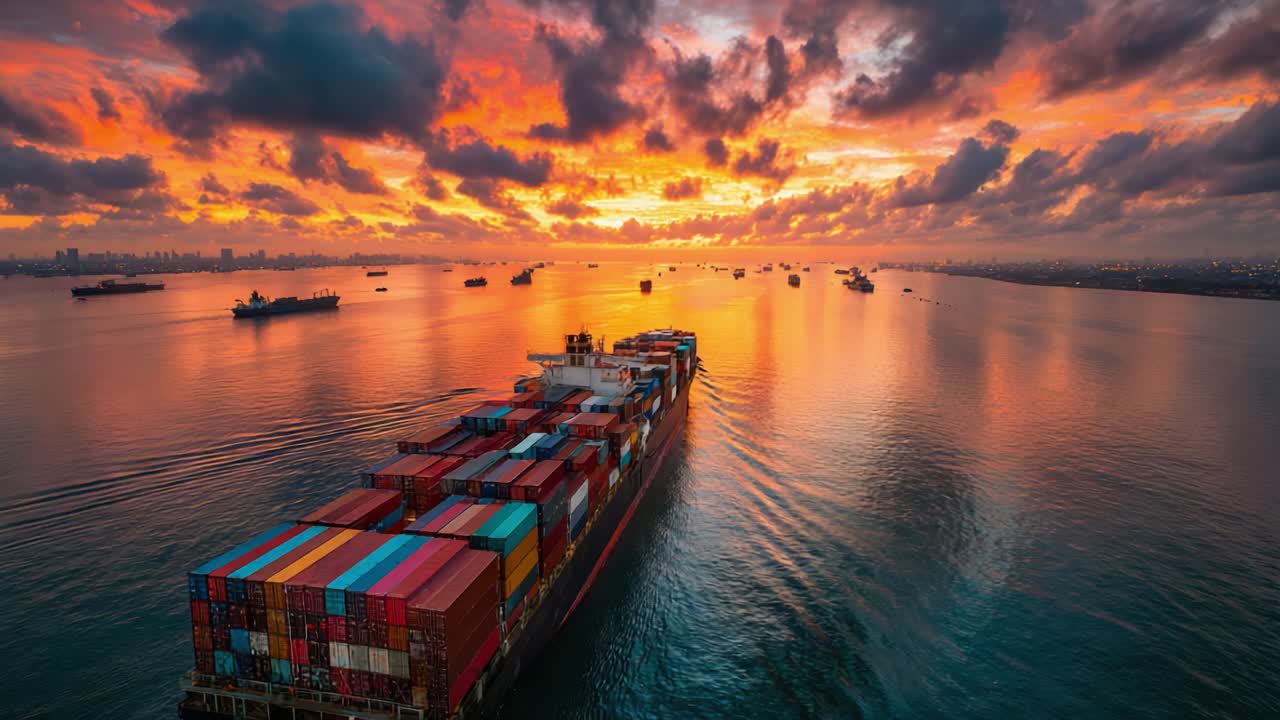 A Cargo Ship Navigating Through Tranquil Waters Under a Vibrant Sunset Sky, Surrounded by Other Vessels, Offering a Serene Maritime Perspective