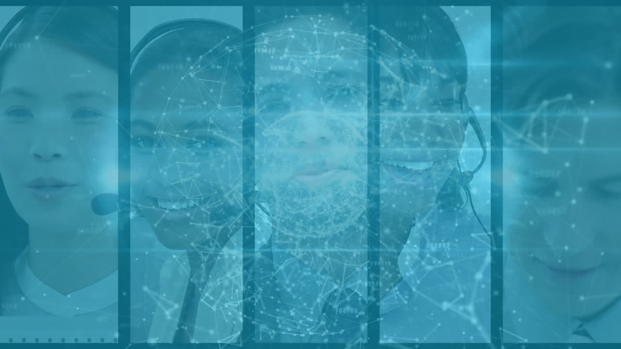 연결망을 통해 헤드 ⁇ 을 착용한 다민족 콜센터 직원 그룹의 애니메이션