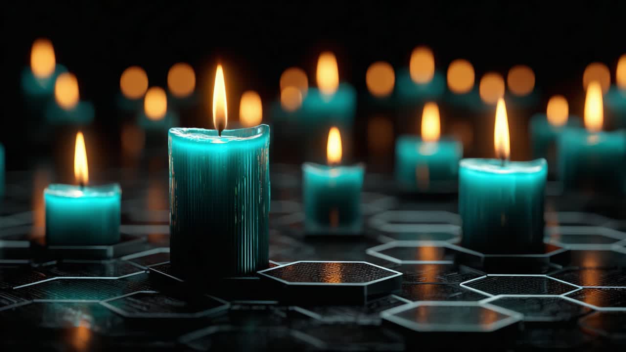 Un’ipnotica esposizione di candele luminose in vivide tonalità turchesi che proiettano una luce calda su uno sfondo geometrico