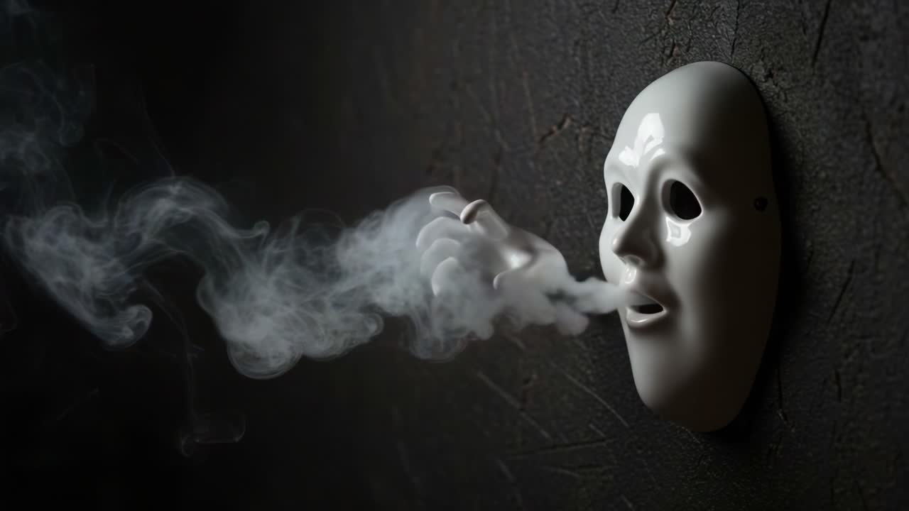 A haunting vision of a white mask exhaling smoke, presenting an eerie and surreal representation of emotion and expression through art and illusion