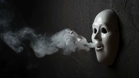 a haunting vision of a white mask exhaling smoke, presenting an eerie and surreal representation of emotion and expression through art and illusion