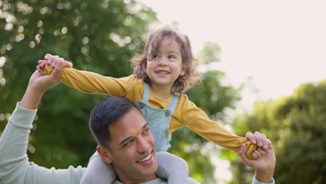 piggyback, feliz y padre con hijo en la naturaleza