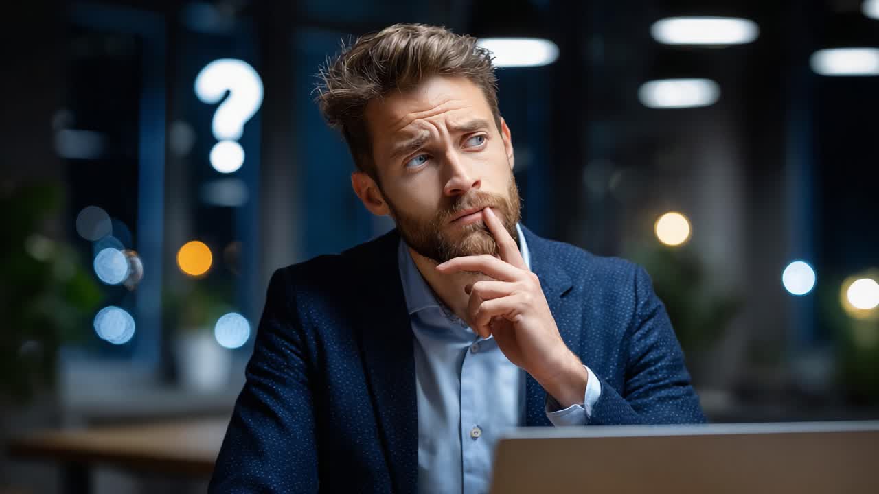 Contemplative Man in a Suit Deep in Thought: A Quiet Moment of Reflection in a Modern Workspace with Soft Lighting and Questioning Ambiance