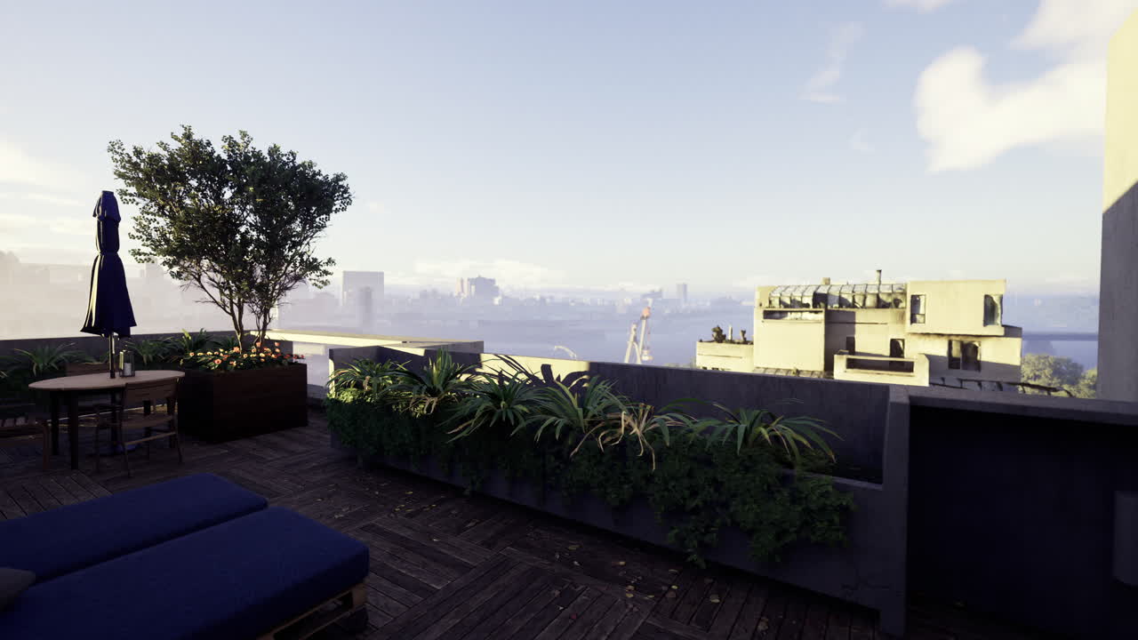 Rooftop terrace with plants and city skyline view during sunrise