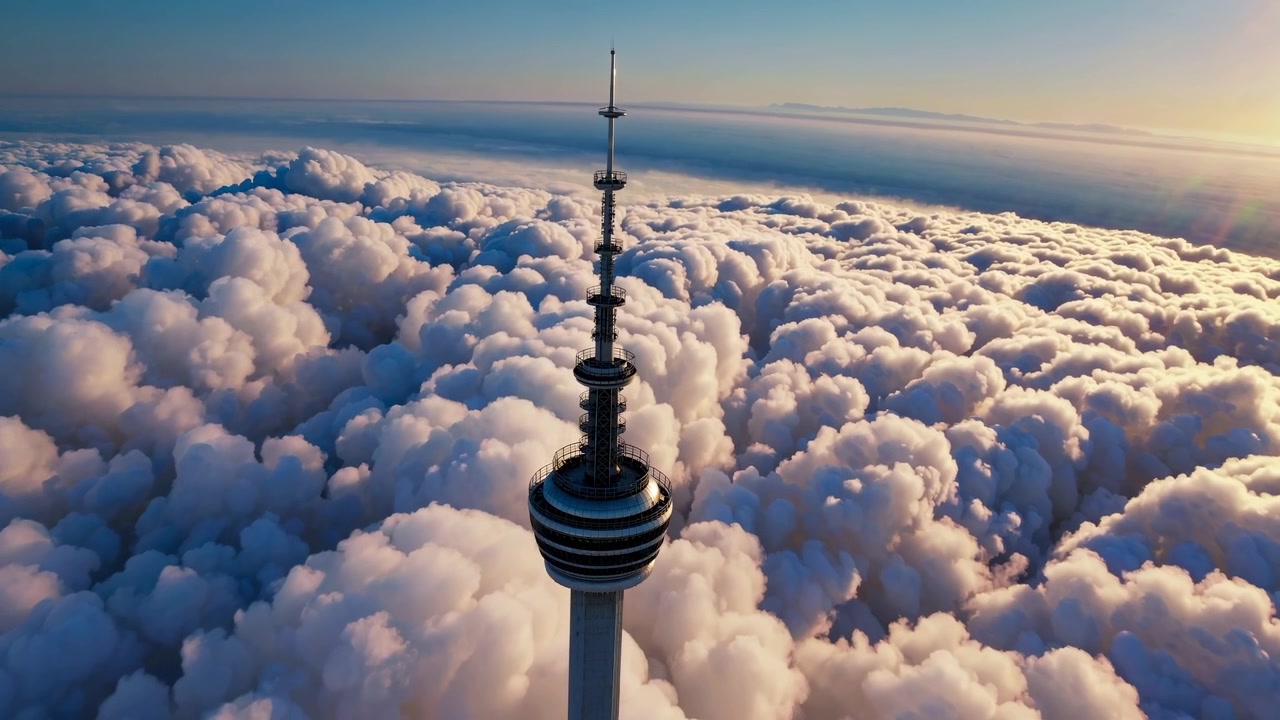 Luftaufnahme des CN Tower, der über einem Wolkenmeer emporragt