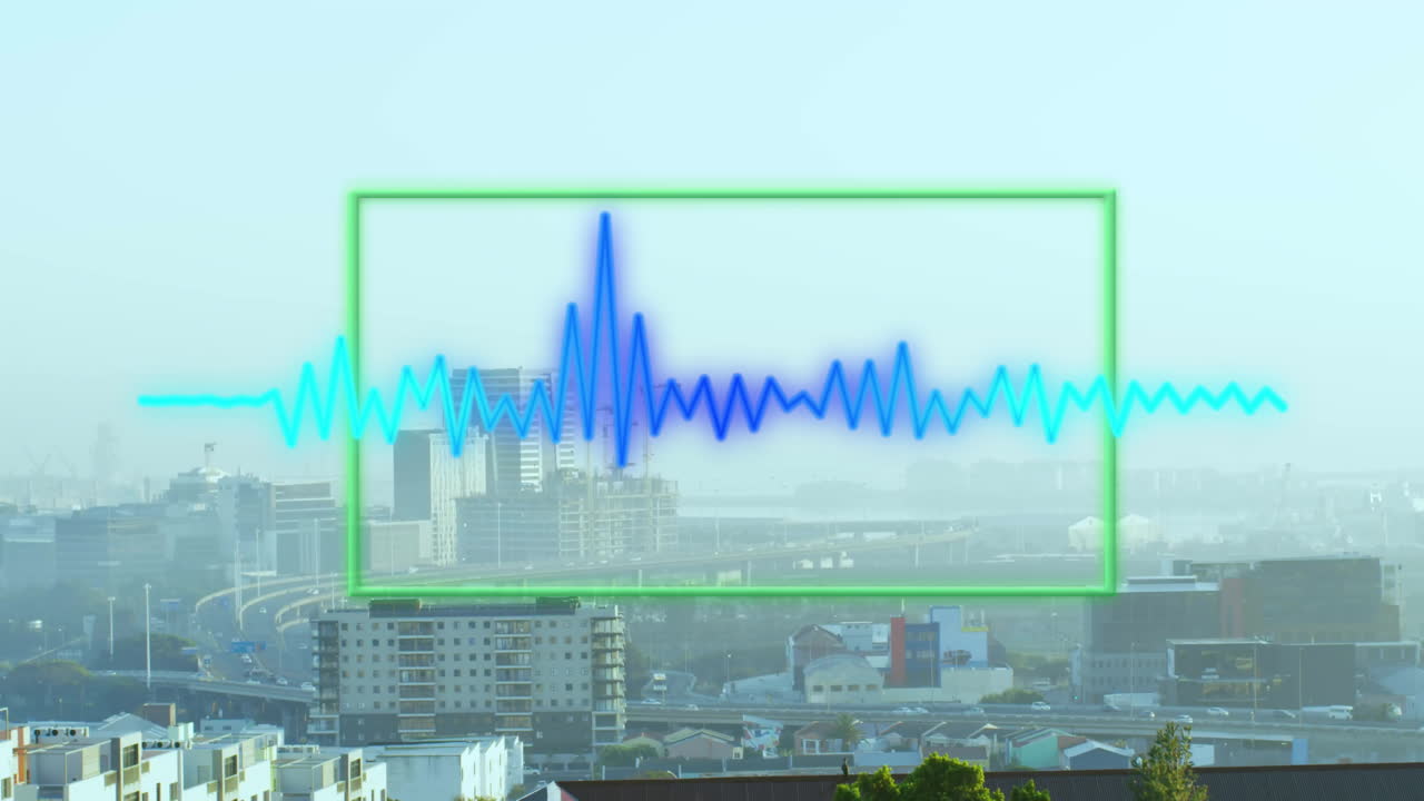 도시 풍경 위의 데이터 처리 애니메이션