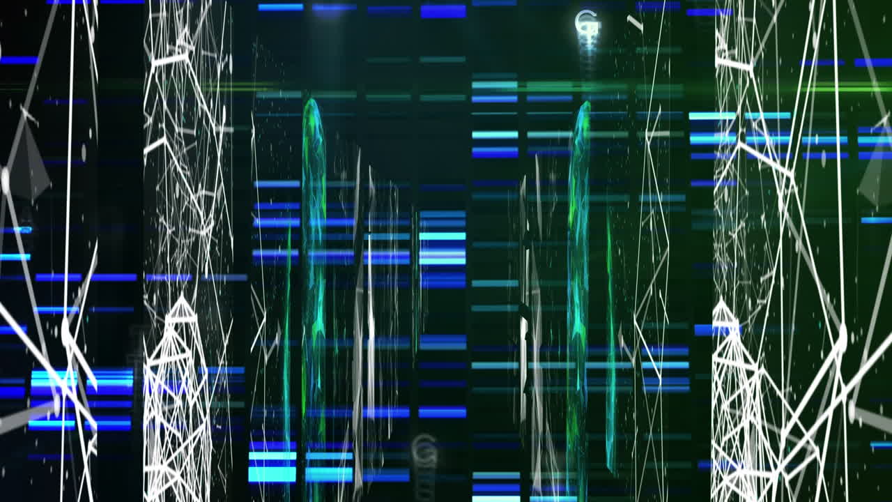 Animation of shapes and data processing over black background