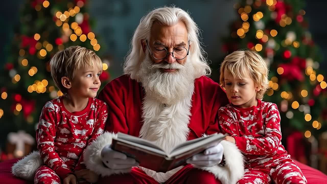 A man and two children sitting on a couch reading a book to Santa Claus