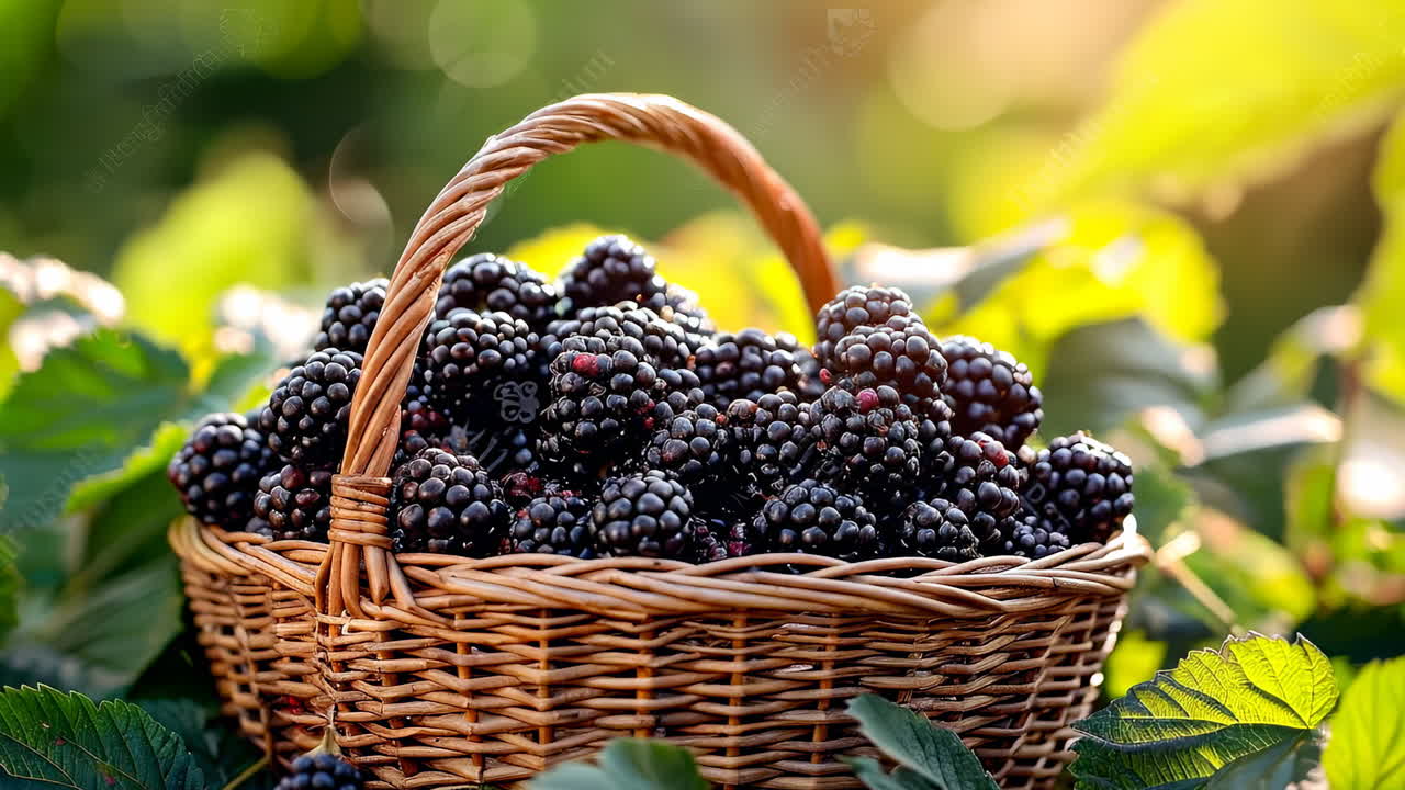 More fresche raccolte in un cesto. Un cesto di vimini pieno di more mature è adagiato tra le foglie verdi alla luce del sole, a testimonianza di un raccolto fruttuoso
