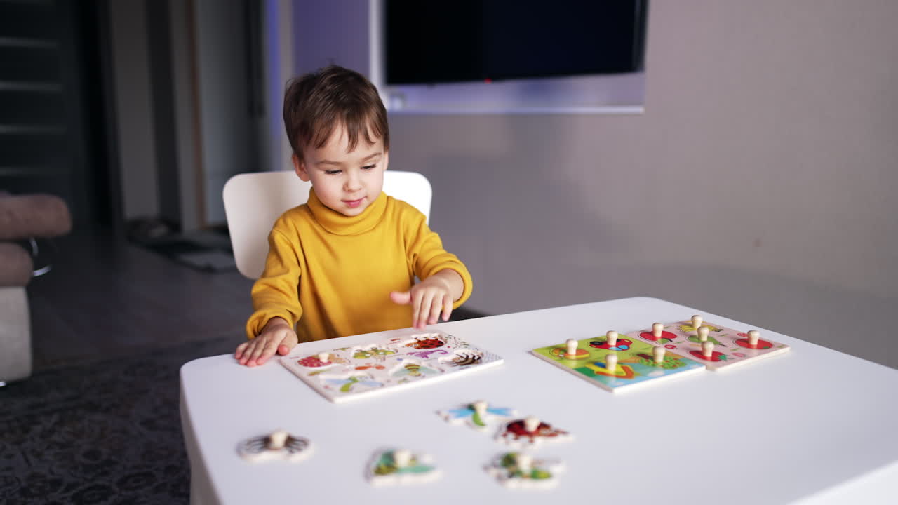 Beautiful Caucasian baby boy playing puzzles at desk. Little cute kid learning insects through the game.