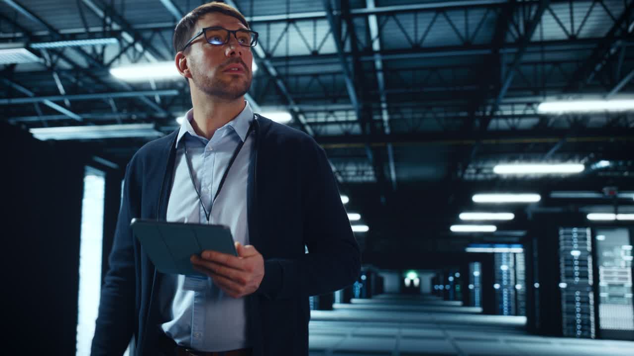 el especialista masculino camina entre filas de bastidores de servidores operativos en el centro de datos. el ingeniero utiliza una tableta para el mantenimiento. concepto de computación en nube, inteligencia artificial, ciberseguridad.