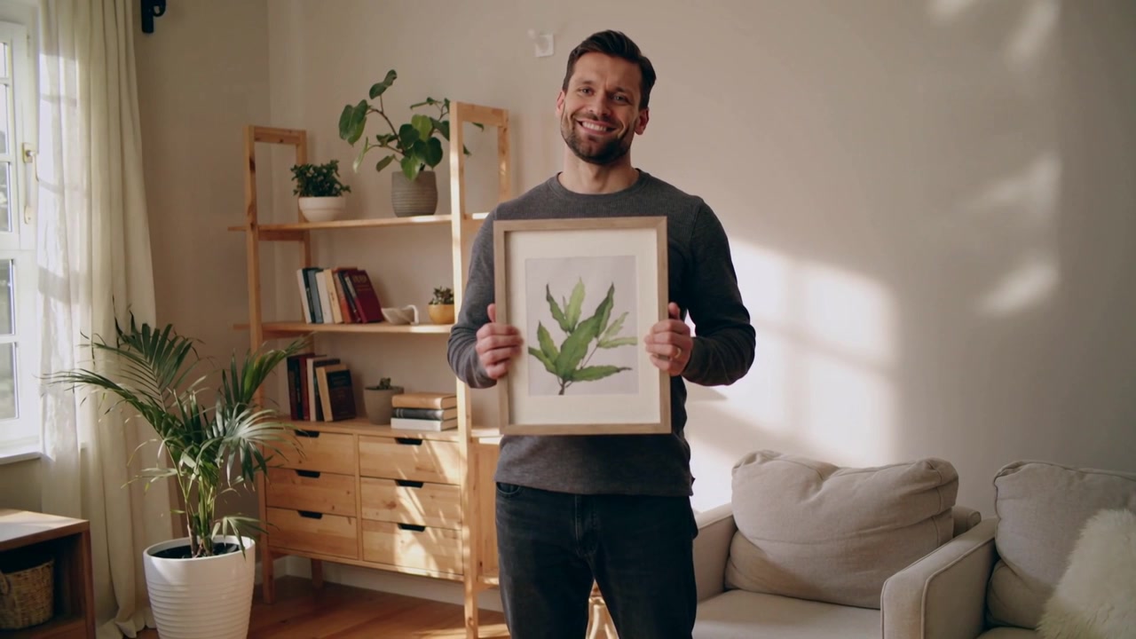 Camera focusing, man in dark sweater, jeans angling framed leaf print in living room, showing leaf