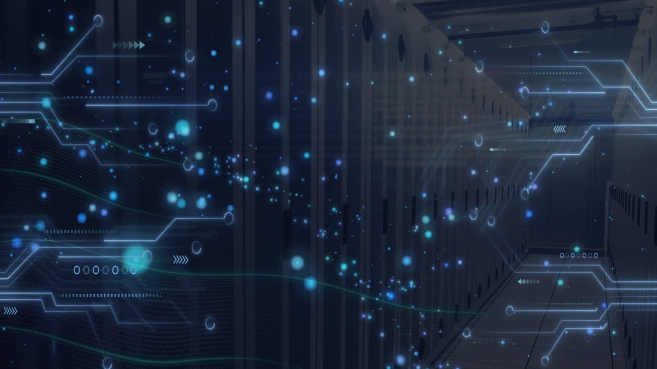 Animation of digital data processing and circuit board over computer servers