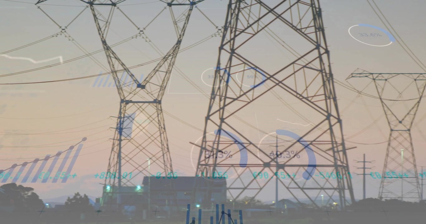 Visualizations fading into view causing camera panning right, revealing towers with rising charts