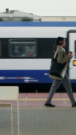 woman walking at train station