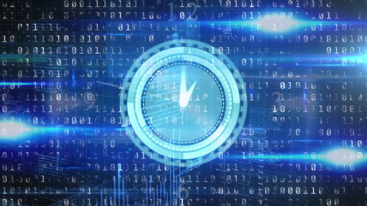 Animation of clock and lights over binary code on blue background