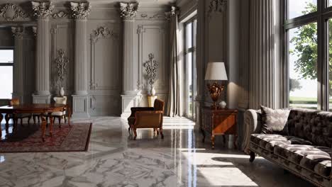 sunlight streams through large windows, illuminating a luxurious living room adorned with neoclassical elements, showcasing opulent furniture and marble flooring