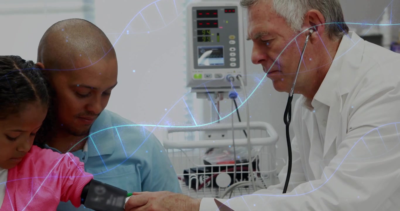 Doctor Checks Child's Blood Pressure with Father Present and DNA Overlay