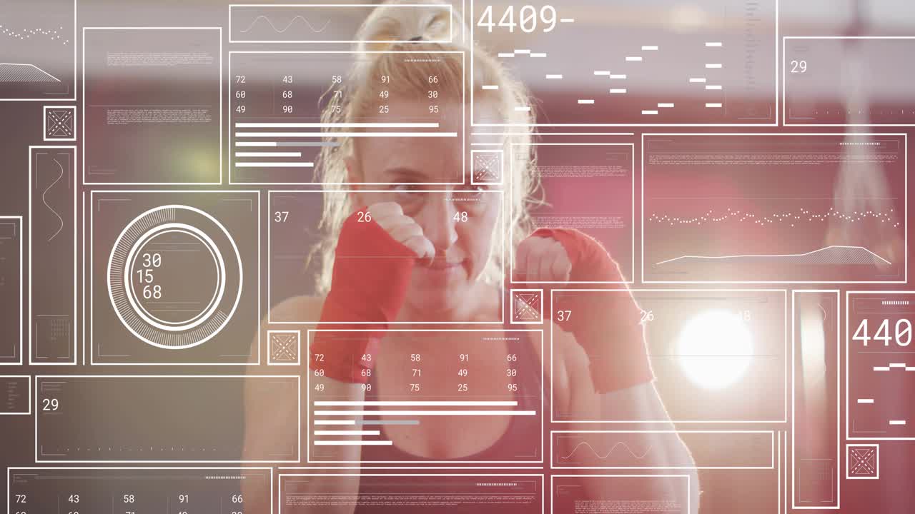 Female boxer starting with straight jab toward camera, training while HUD tracking punch metrics