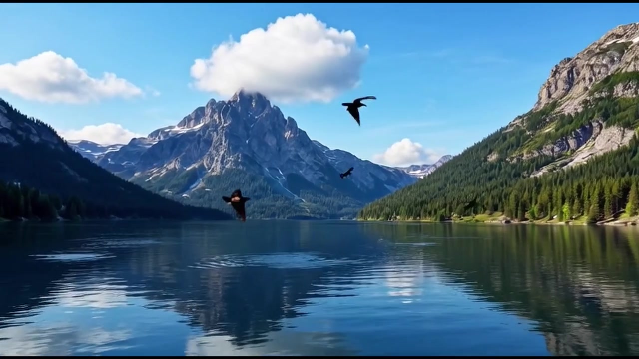 Birds Flying Over a Serene Alpine Lake with Mountain Peaks