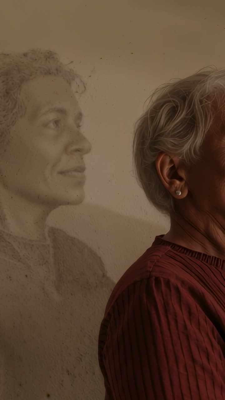 Vertical video: Camera moving closer senior opening eyes to light at beige wall maroon top portrait