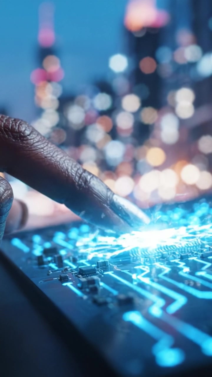 A Close-Up View of a Hand Interacting with a Futuristic Digital Keyboard, Showcasing an Elegant Connection Between Technology and Human Touch in a Vibrant Urban Setting.