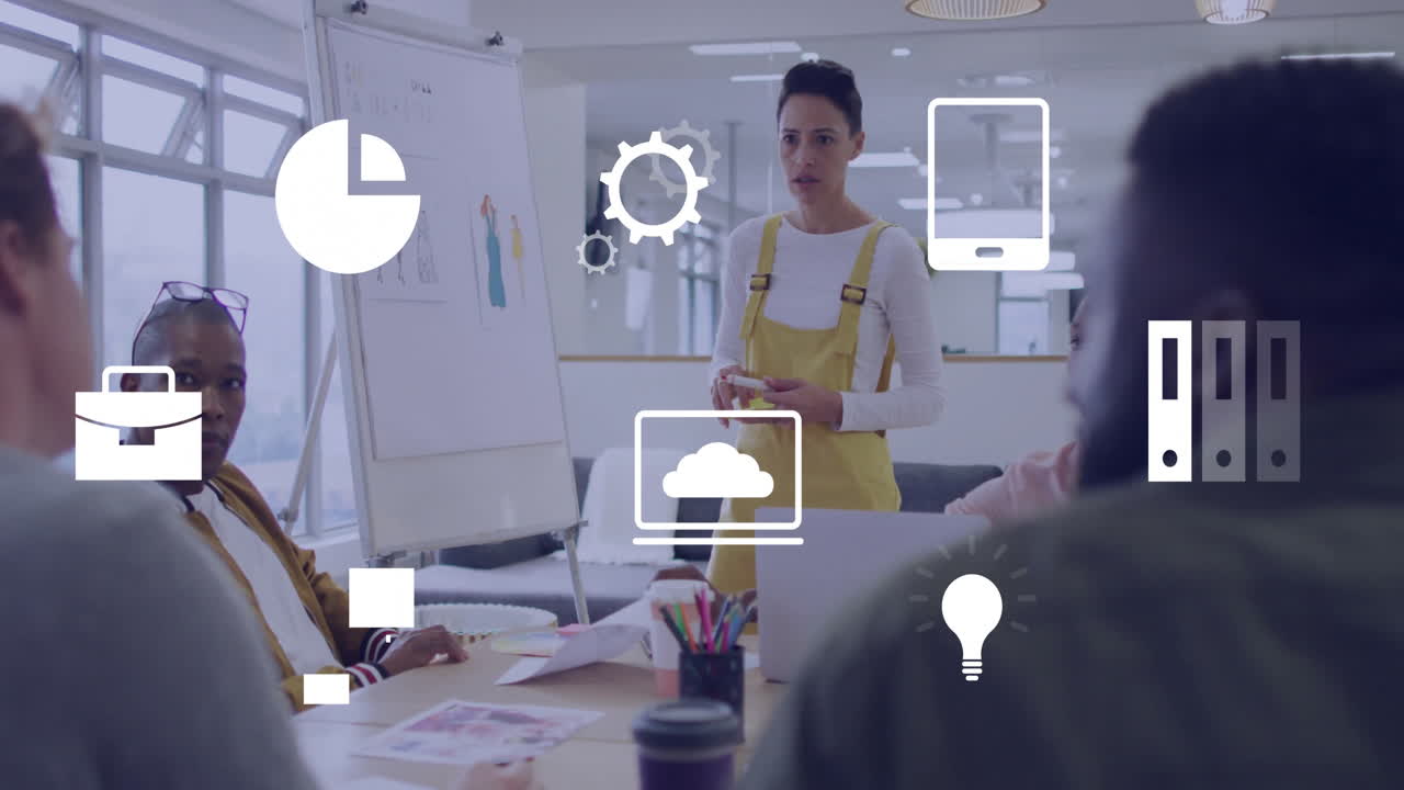 reunión de negocios con equipo diverso y animación de íconos en el entorno de la oficina