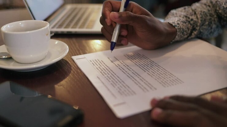 Man correcting text and working in cafe